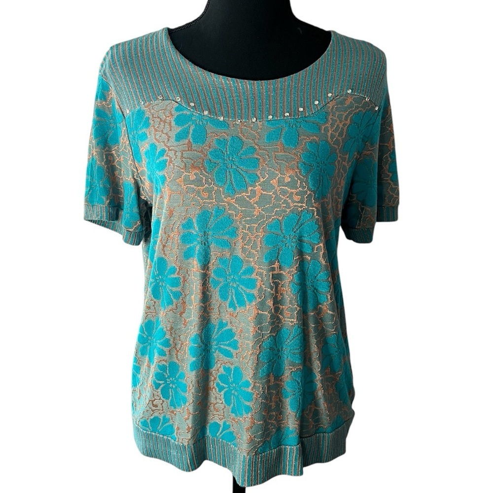 Jacco’s Y2K 90’s Vintage Blue Floral Knit Women's Short Sleeve Top Size XL